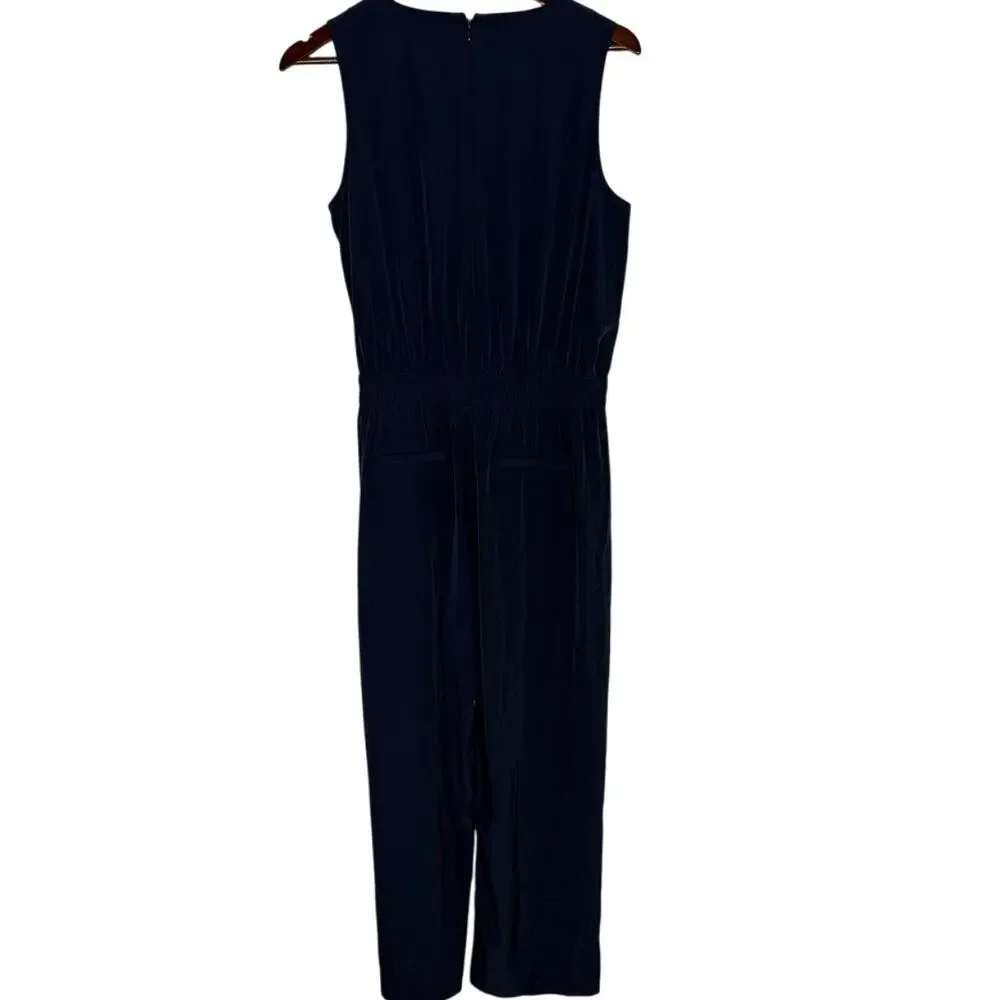 J Crew Sleeveless Satin Effect OnePiece Jumpsuit Elastic Tie Waist Pocket 6 Blue - Picture 6 of 15